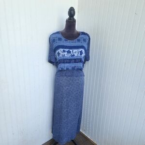 K. Studio Women's Blue Floral Short Sleeve Round Neck Midi Dress Rayon Sz 10